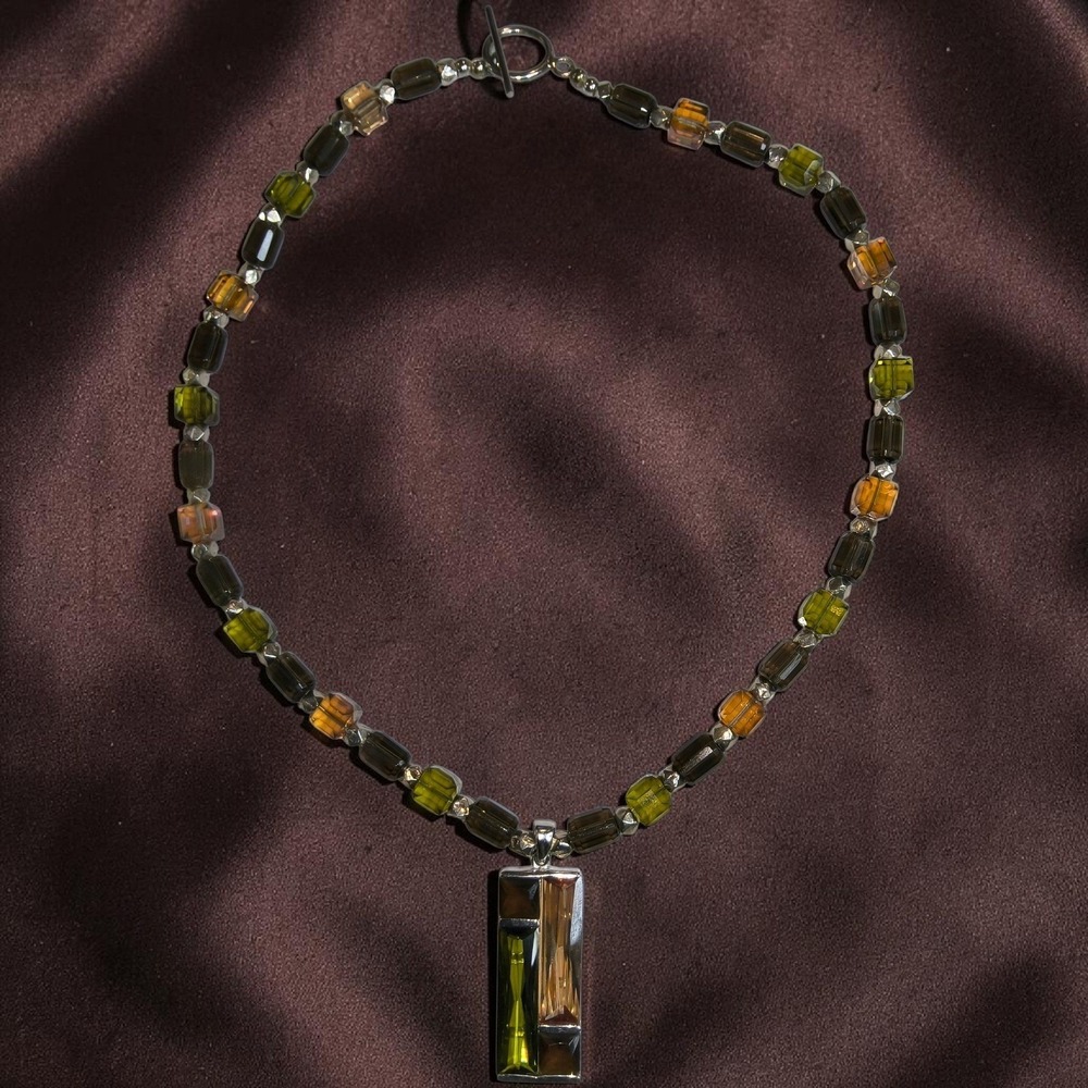 Vivah 925‎ Sterling Silver Gemstone Necklace Peridot Smoky Quartz Modernist